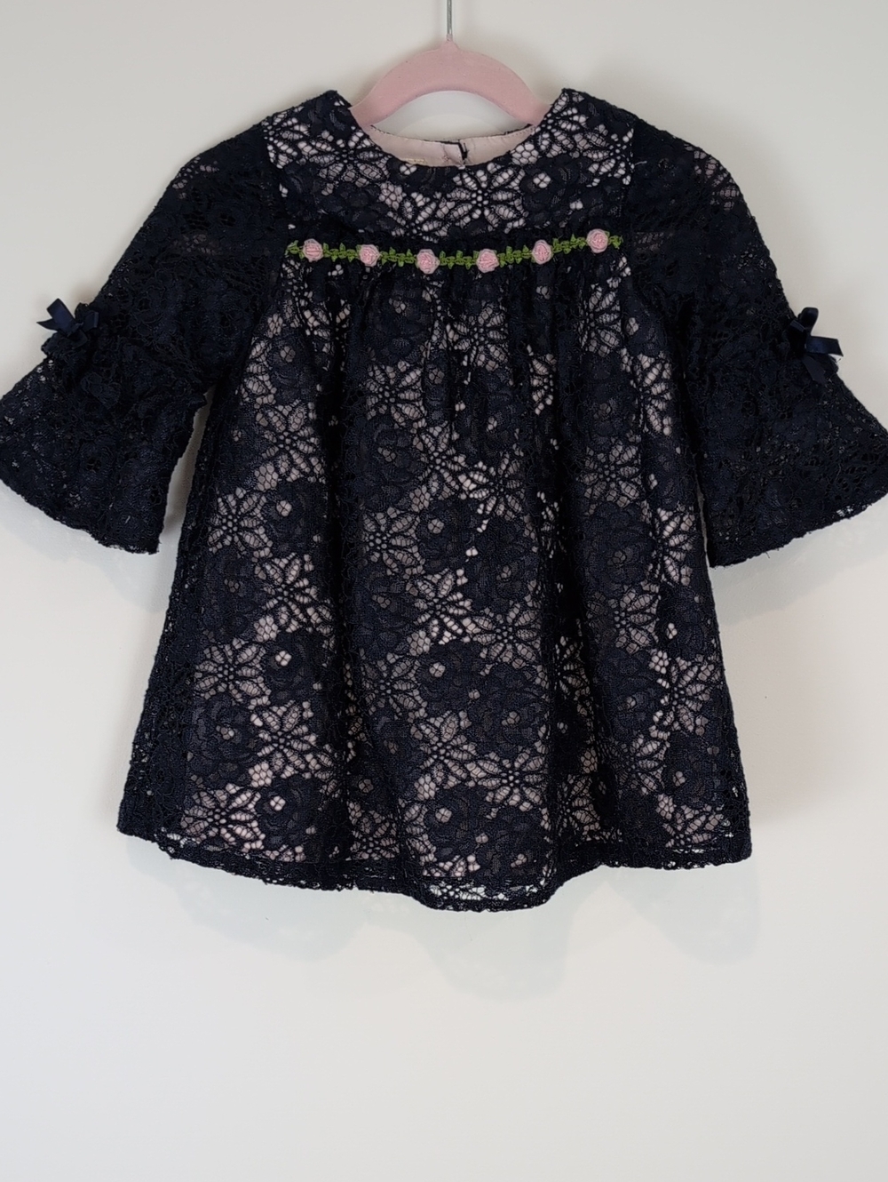 Laura Ashley Navy Lace Overlay Girls' Dress with Pink Rose Trim